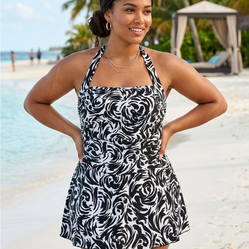 Catalina Black and White Floral Halter One-Piece Swimdress